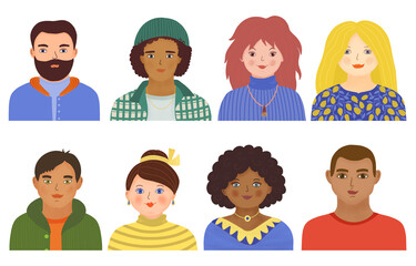 Modern young people avatar set. Different men and women portrait collection. Bright colors