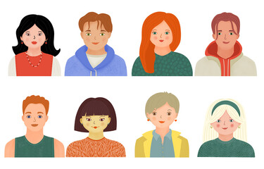 Modern young people avatar set. Different men and women portrait collection. Bright colors