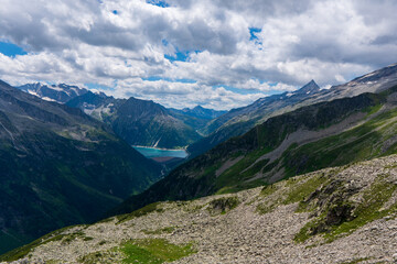The view from above of Schlegeis Reservoir in the Alps, Austria