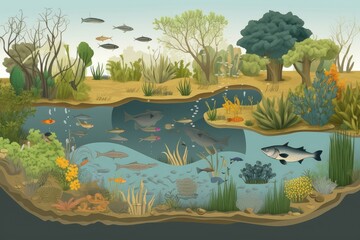 diverse community of freshwater organisms and plants in a pond ecosystem, created with generative ai
