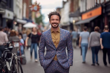 Fototapeta premium Lifestyle portrait photography of a happy boy in his 30s wearing a chic jumpsuit against a bustling marketplace background. With generative AI technology