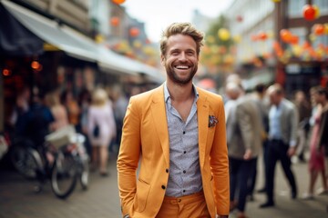 Lifestyle portrait photography of a happy boy in his 30s wearing a chic jumpsuit against a bustling marketplace background. With generative AI technology