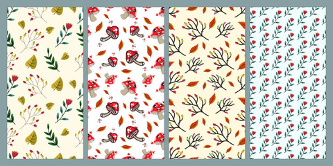 Set of mushroom, leaf and flower seamless pattern. Nature pattern. Summer pattern. Patterns for textiles or for covers. Wallpapers.