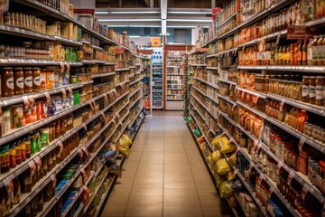 grocery store, with rows of neatly organized and labeled food items, created with generative ai