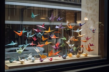window display of origami birds, flying freely in the breeze, created with generative ai - obrazy, fototapety, plakaty