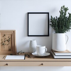 Mediterranean breakfast still life. Cup, books. Empty wooden picture frame mockup on desk, table. Vase with olive branches. Elegant working space, home office. Scandinavian interior. AI Generation