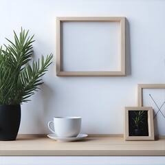 Fototapeta na wymiar Mediterranean breakfast still life. Cup, books. Empty wooden picture frame mockup on desk, table. Vase with olive branches. Elegant working space, home office. Scandinavian interior. AI Generation