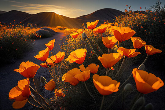 Yellow Californian poppies superbloom landscape