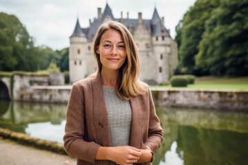 Medium shot portrait photography of a glad girl in her 30s wearing a chic cardigan against a medieval castle background. With generative AI technology