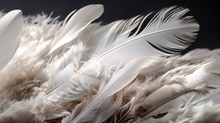 Soft and gentle theme, white feathers background, generative AI.