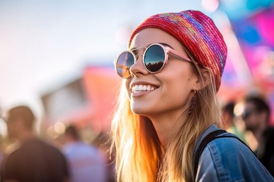 Lifestyle portrait photography of a satisfied girl in her 30s wearing a cool cap against a vibrant festival background. With generative AI technology