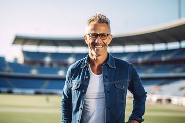 Lifestyle portrait photography of a grinning mature man wearing comfortable jeans against a sports stadium background. With generative AI technology