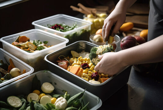 hands collect rotten vegetables and food waste for compost