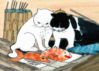 two cats sitting above fish