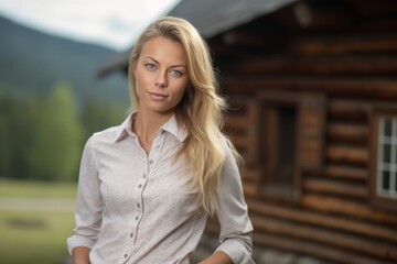 Fototapeta premium Medium shot portrait photography of a tender girl in her 30s wearing a classy button-up shirt against a mountain cabin background. With generative AI technology