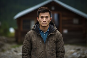 Environmental portrait photography of a glad boy in his 30s wearing a lightweight windbreaker against a mountain cabin background. With generative AI technology