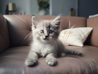 portrait of little cat relaxing on the soft couch in the living room. Adorable funny domestic little small kitty sleeping on couch at animal pet house.