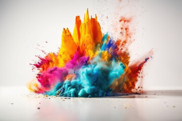 The vibrant and playful colors of a powder explosion against a white background create a beautiful and abstract design that is both exciting and festive. This image is AI generative.