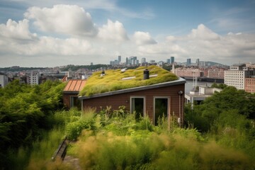Fototapeta na wymiar green-roofed house surrounded by greenery, with view of the nearby cityscape, created with generative ai