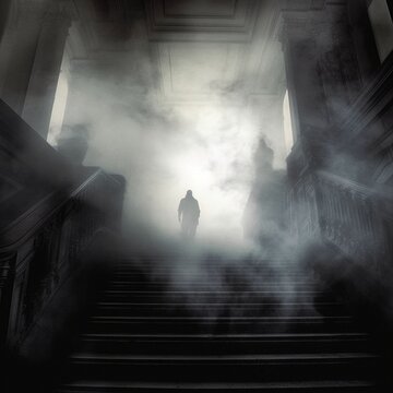 A figure in the fog who climbs the stairs of an ancient castle Generative AI