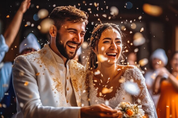 Obraz na płótnie Canvas Happy wedding photography of bride and groom at wedding. Smiling couple at wedding, celebrating with family and friends. Generative AI