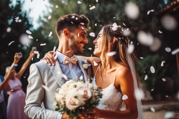 Happy wedding photography of bride and groom at wedding. Smiling couple at wedding, celebrating with family and friends. Generative AI
