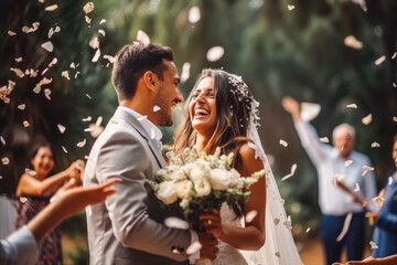 Happy wedding photography of bride and groom at wedding. Smiling couple at wedding, celebrating with family and friends. Generative AI