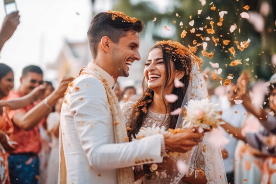Happy wedding photography of bride and groom at wedding. Smiling couple at wedding, celebrating with family and friends. Generative AI