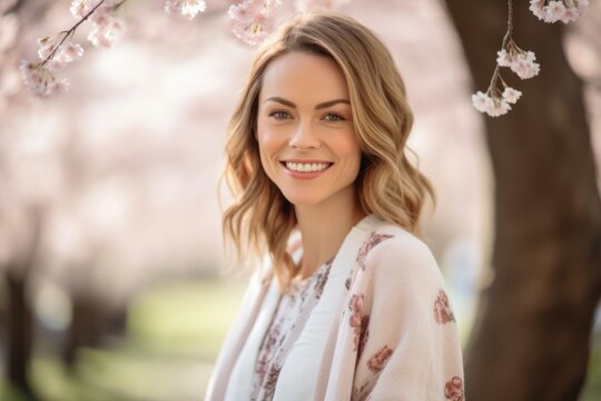 Medium shot portrait photography of a satisfied girl in her 30s wearing a chic cardigan against a cherry blossom background. With generative AI technology