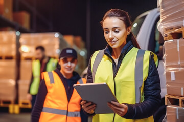 Outside of logistics centre retailer warehouse. Female holding mobile tablet to check logistics and organisation of shipment. Generative AI