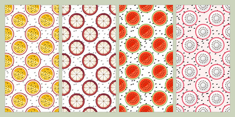 Set of seamless pattern. Passion fruit, mangosteen, watermelon, dragon fruit. Fruit pattern. Summer pattern. Patterns for textiles or for covers. Wallpapers.