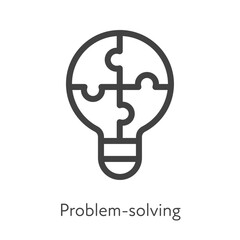 Outline style ui icons soft skill for business collection. Vector black linear illustration. Problem solving. Light bulb of jigsaw puzzle piece idea symbol on white. Design for corporate training