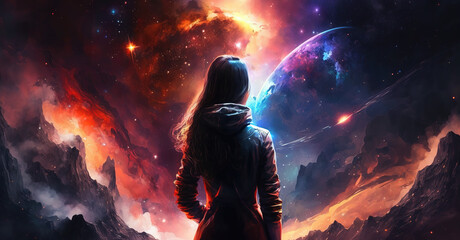 a brave modern dressed scifi woman standing in front of an epic sky, generative ai technology