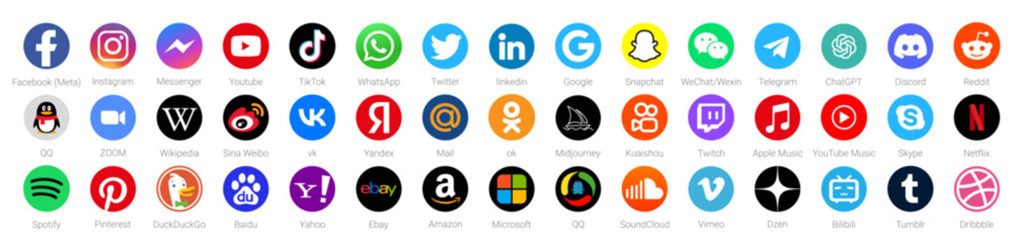 Rivne, Ukraine - May 22, 2023. Collection of popular social media logo. Facebook, instagram, twitter, youtube, tiktok, telegram, whatsapp, ChatGPT, Midjourney. Realistic editorial icons set.