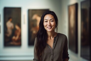 Medium shot portrait photography of a joyful girl in her 30s wearing an elegant long-sleeve shirt against a modern art gallery background. With generative AI technology