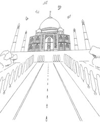 Fototapeta premium Hand drawn sketch of Taj Mahal in low angle view with pool in front and trees next to it, 5 pigeons flying in the sky, vector illustration