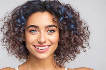 Portrait of a beautiful young caucasian model looking at camera. With curly hair and clean healthy facial skin. Skin care. Copy space. Generative AI