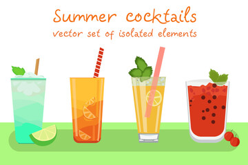 Vector set of summer cooling cocktails with berries and fruit slices, flat style. All elements are isolated from each other.