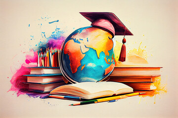 Concept of global business study abroad education. Graduation hat on models globe. Generative Ai - obrazy, fototapety, plakaty