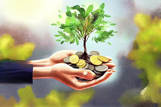 business woman hand holding tree with plant growing on coins. Generative Ai