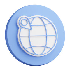 3D button rendering of globe with checkpoint mark. Navigation on map using GPS system. Realistic blue white PNG illustration isolated on transparent background