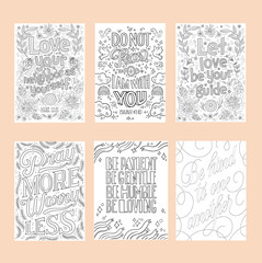 Set of Christian religious coloring pages for children and adults. Bible verses. Printable lettering illustration, modern typography. Adult coloring, hobby.