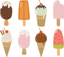 Cute ice creams cartoon set, Summer ice creams vector set, Summer ice creams illustration, Ice creams isolated vector, cute baby illustration