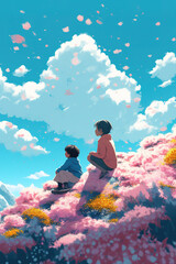two young cute children sitting in a big field of flowers, anime manga artwork, generative ai technology