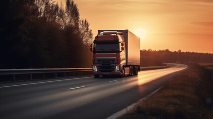Loaded truck on motorway in sunset. Created with Generative AI technology.