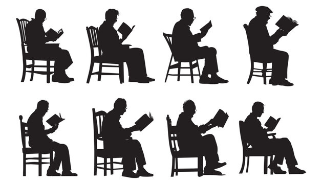 Old Man reading book on the chair vector silhouette group black and white.