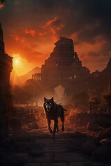 Fototapeta na wymiar A lone wolf walking in front of a temple at sunset. Generative AI image.