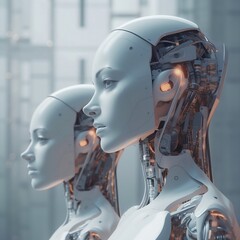 Fototapeta premium Artificial Intelligence Robot Head Face, Monotone Background, Future Technology, Science, Futuristic, Cyborg, Android