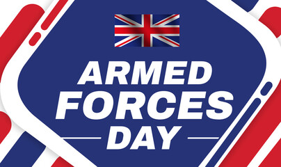 UK Armed forces day wallpaper with waving flag and typography. Armed forces day celebration concept backdrop