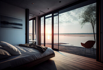 Bedroom with a river view - IA generative